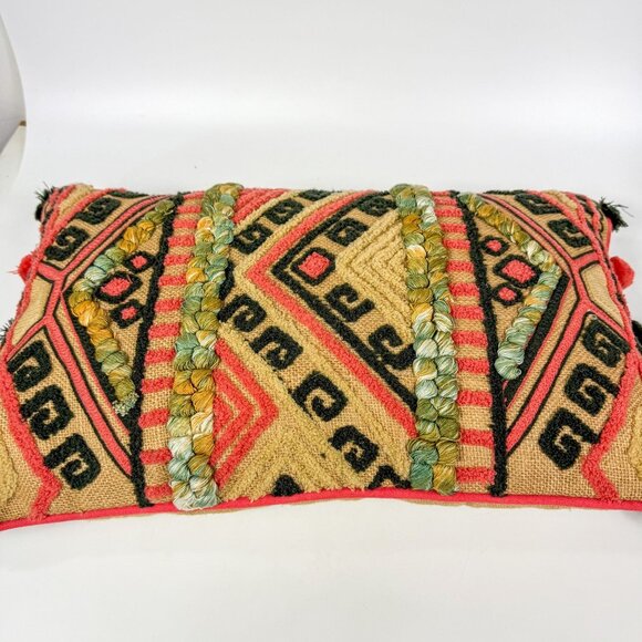 Justina Blakeney X Loloi Peyote Rectangular Jute Throw Pillow Pom Poms Geometric - Picture 2 of 7
